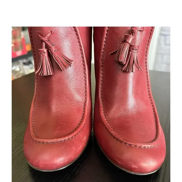 J. Crew Unique Retro Vintage Grandmacore Brick Red Leather Heeled Tassel Boots - Picture 3 of 8